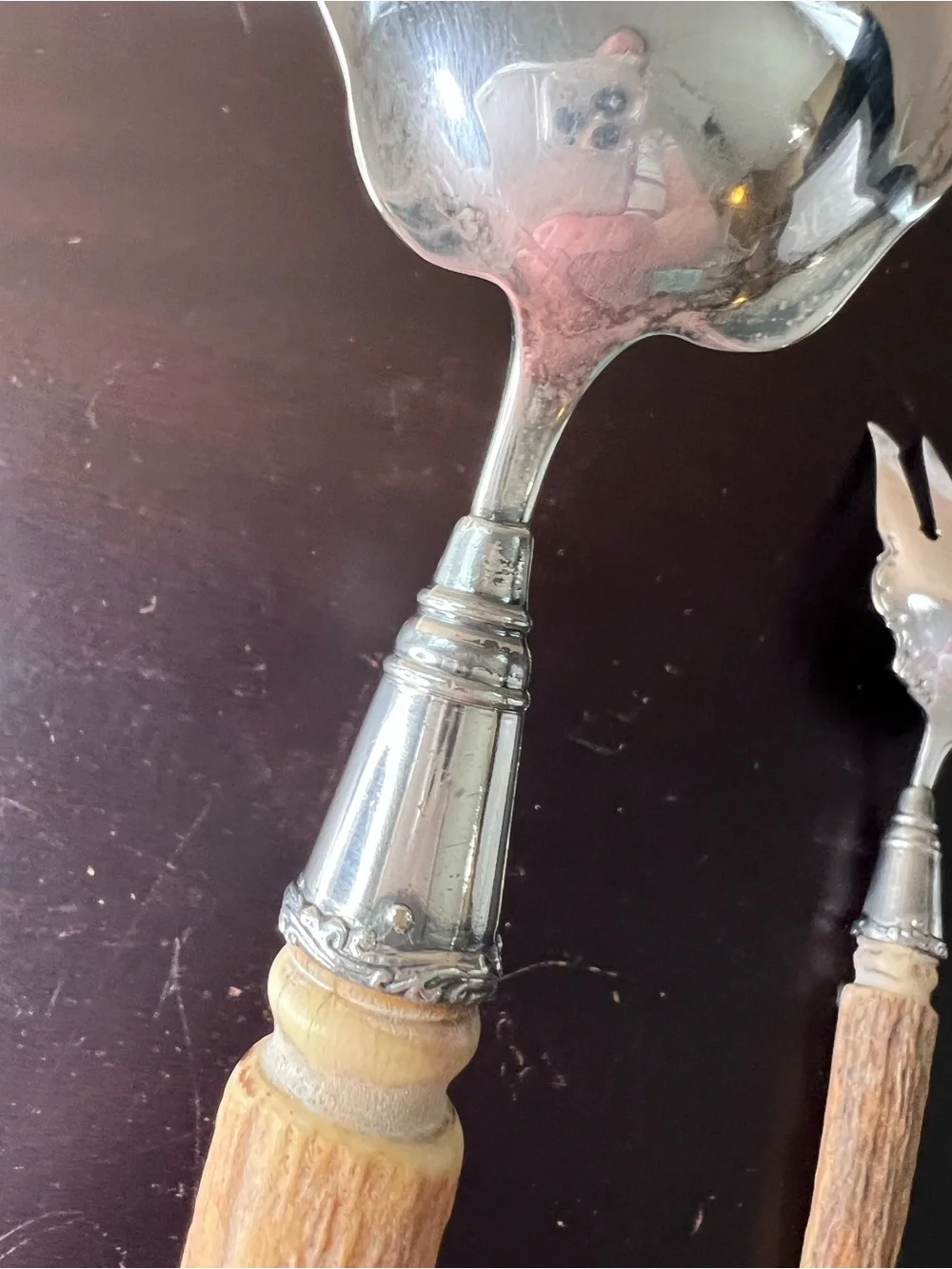Antique Stag Horn Handle Serving Set Silver Plate Salad Fork Spoon Rustic Lodge